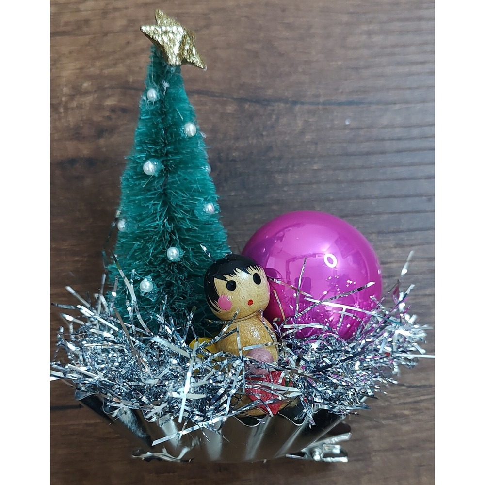 Vintage Angel Clip On Christmas Ornament Tart Tin Green Pink Ball Sisal Tree O6